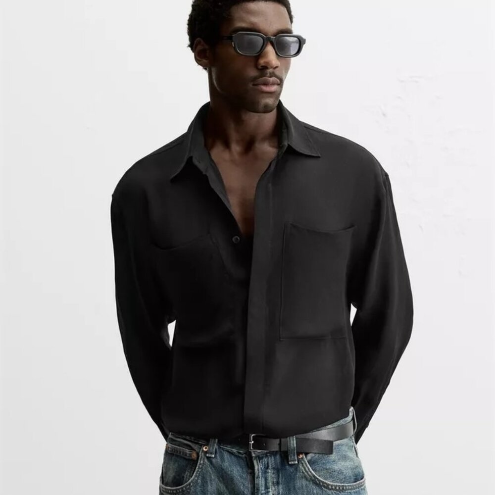 NWOT ZARA SEMI-SHEER RELAXED FLOWY SHIRT BLACK 1034/258